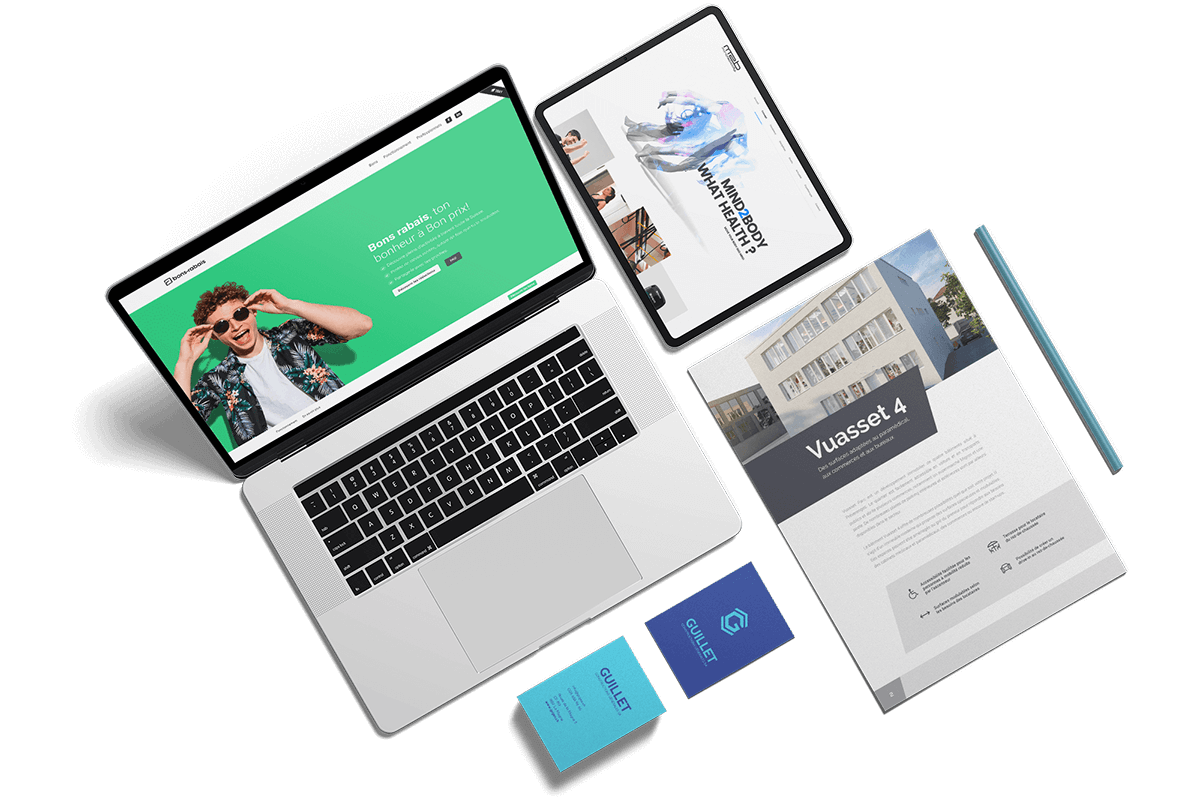 Ordinateur avec création de site, tablette avec site responsive, carte de visite et brochures réalisés par l'agence de communication igeneve